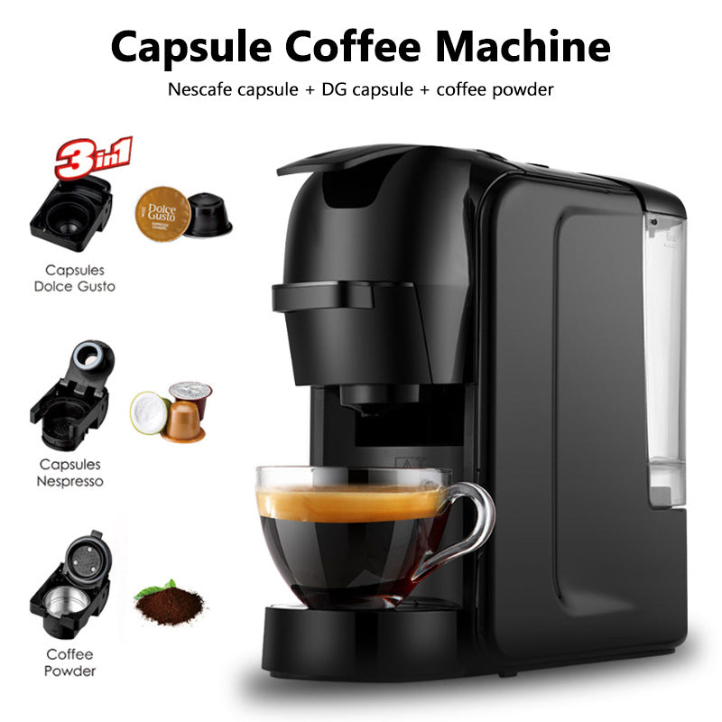 Adaptable Coffee Pod Brewer: Semi-automatic, Italian-inspired design with a pump mechanism. Rated at 220-240V, 50HZ, and 1450W power. Features a 600ML capacity, durable ABS body in black. Button press operation. Compliant with GB, EU, UK standards.