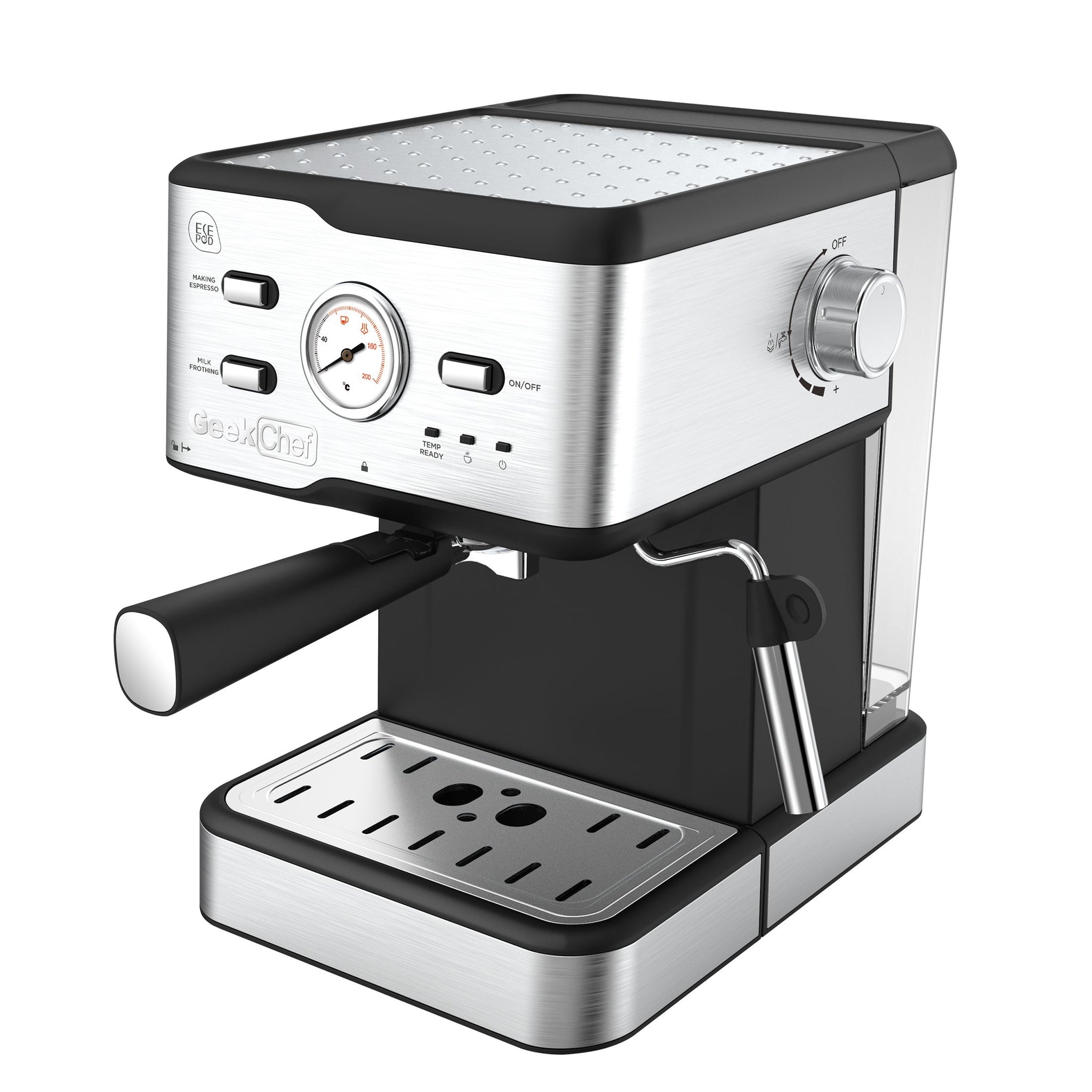 Elevate your home coffee experience with our Stainless Steel Espresso Machine. Precision-crafted for professional-quality espresso, featuring durable stainless steel construction for style and longevity. High-pressure pump and thermoblock heating system ensure optimal brewing temperatures and pressure. Enjoy the perfect balance of boldness and smoothness with single and double shot options.