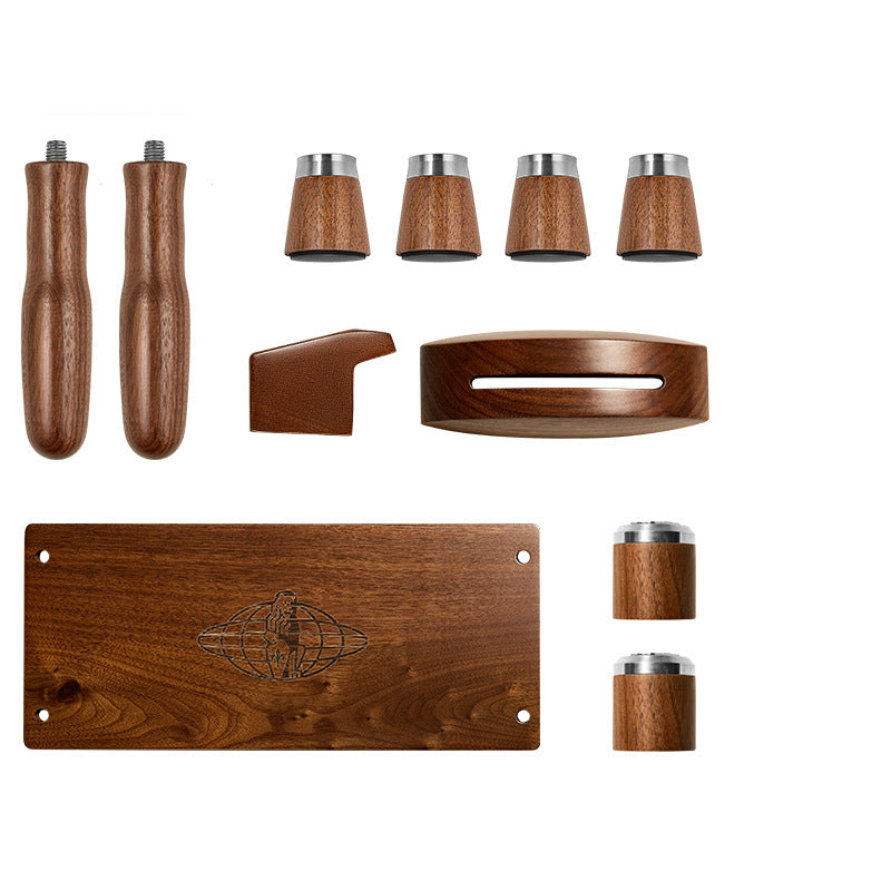 Modern and sleek Hot Mom MINI Coffee Machine Modification Accessories Alloy Kit in (White Maple) or (Walnut) 11-piece set, crafted from solid wood, stainless steel, and silicone. Elevate your coffee brewing experience with this stylish and functional upgrade for your Spicy Ma MINI coffee maker