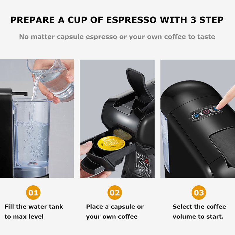 Adaptable Coffee Pod Brewer: Semi-automatic, Italian-inspired design with a pump mechanism. Rated at 220-240V, 50HZ, and 1450W power. Features a 600ML capacity, durable ABS body in black. Button press operation. Compliant with GB, EU, UK standards.