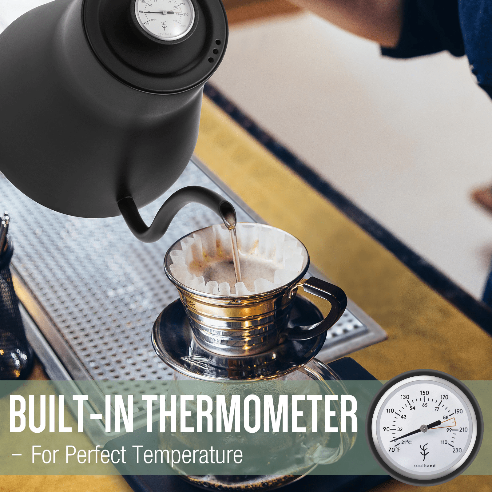 Precision pouring with Gooseneck Nozzle Design. 550ml capacity for versatile use at home, office, restaurants, and cafes. Comfortable handle for safe grip. Premium stainless steel construction ensures durability, rust resistance, and easy cleaning. Elegant matte black finish with a convenient air vent on the lid. Portable and space-saving design.