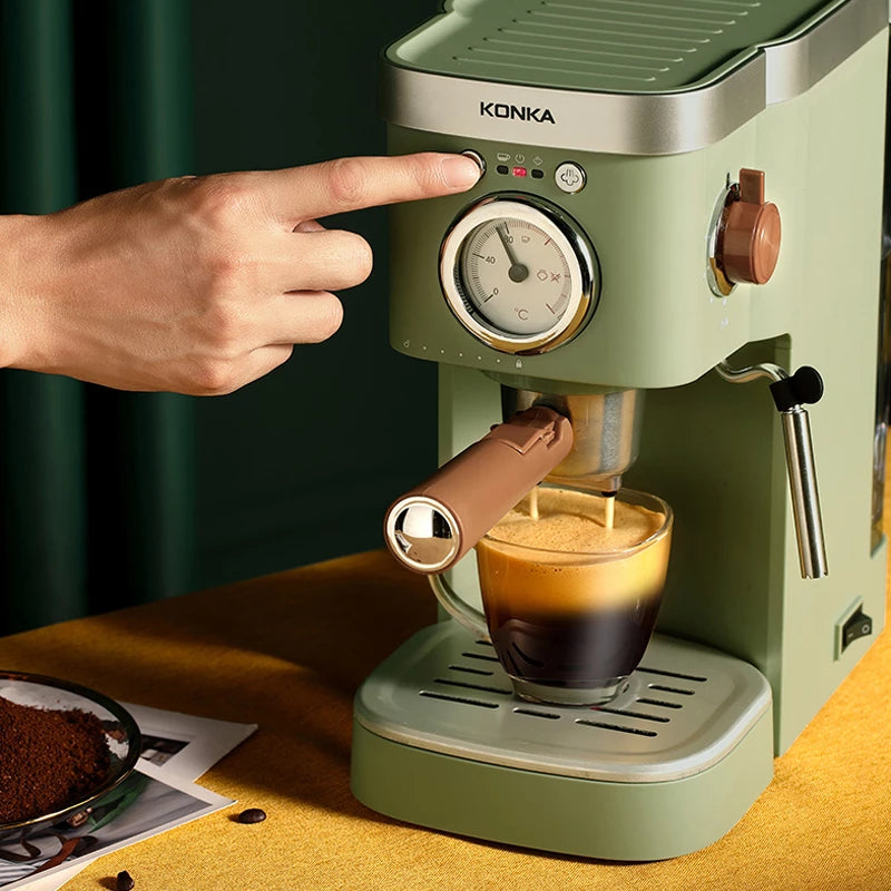 Multifunctional coffee machine with pumped coffee powder funnel, offering americano, espresso, cappuccino, latte, and hot milk. Simple one-button operation for various coffee types, including Italian Espresso, cappuccino, and latte. Innovative automatic hot milk-steaming system, avoiding over-milking. Easy extraction with a 20 Bar Italy imported water pump for delicate and rich coffee. Fast warming with an independent double boiler system, ensuring optimal temperatures for coffee and steam.