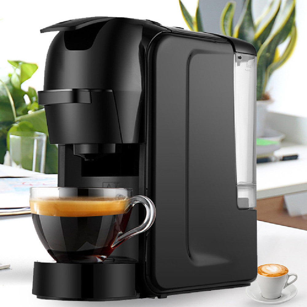 Adaptable Coffee Pod Brewer: Semi-automatic, Italian-inspired design with a pump mechanism. Rated at 220-240V, 50HZ, and 1450W power. Features a 600ML capacity, durable ABS body in black. Button press operation. Compliant with GB, EU, UK standards.