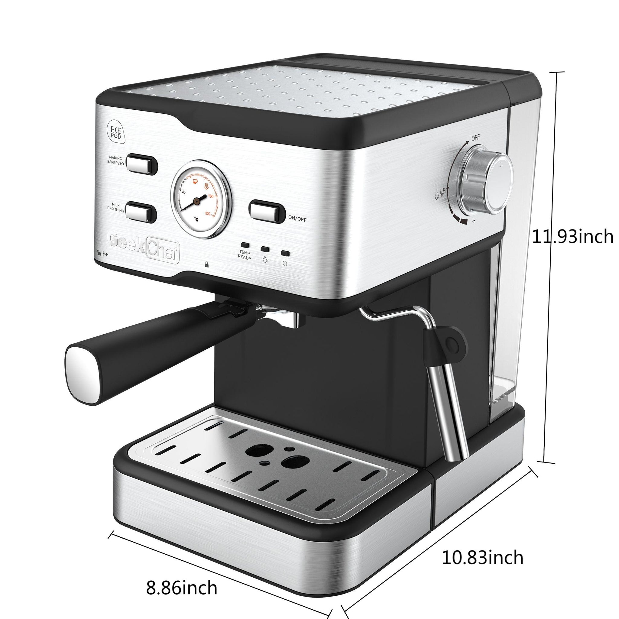 Elevate your home coffee experience with our Stainless Steel Espresso Machine. Precision-crafted for professional-quality espresso, featuring durable stainless steel construction for style and longevity. High-pressure pump and thermoblock heating system ensure optimal brewing temperatures and pressure. Enjoy the perfect balance of boldness and smoothness with single and double shot options.