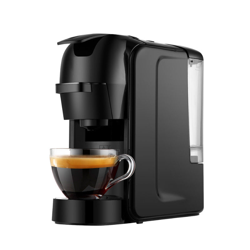 Adaptable Coffee Pod Brewer: Semi-automatic, Italian-inspired design with a pump mechanism. Rated at 220-240V, 50HZ, and 1450W power. Features a 600ML capacity, durable ABS body in black. Button press operation. Compliant with GB, EU, UK standards.