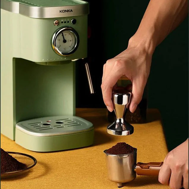 Multifunctional coffee machine with pumped coffee powder funnel, offering americano, espresso, cappuccino, latte, and hot milk. Simple one-button operation for various coffee types, including Italian Espresso, cappuccino, and latte. Innovative automatic hot milk-steaming system, avoiding over-milking. Easy extraction with a 20 Bar Italy imported water pump for delicate and rich coffee. Fast warming with an independent double boiler system, ensuring optimal temperatures for coffee and steam.